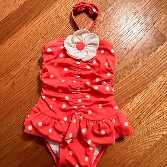 Janie & Jack little girls coral polka dot bathing suit - Picture 1 of 4